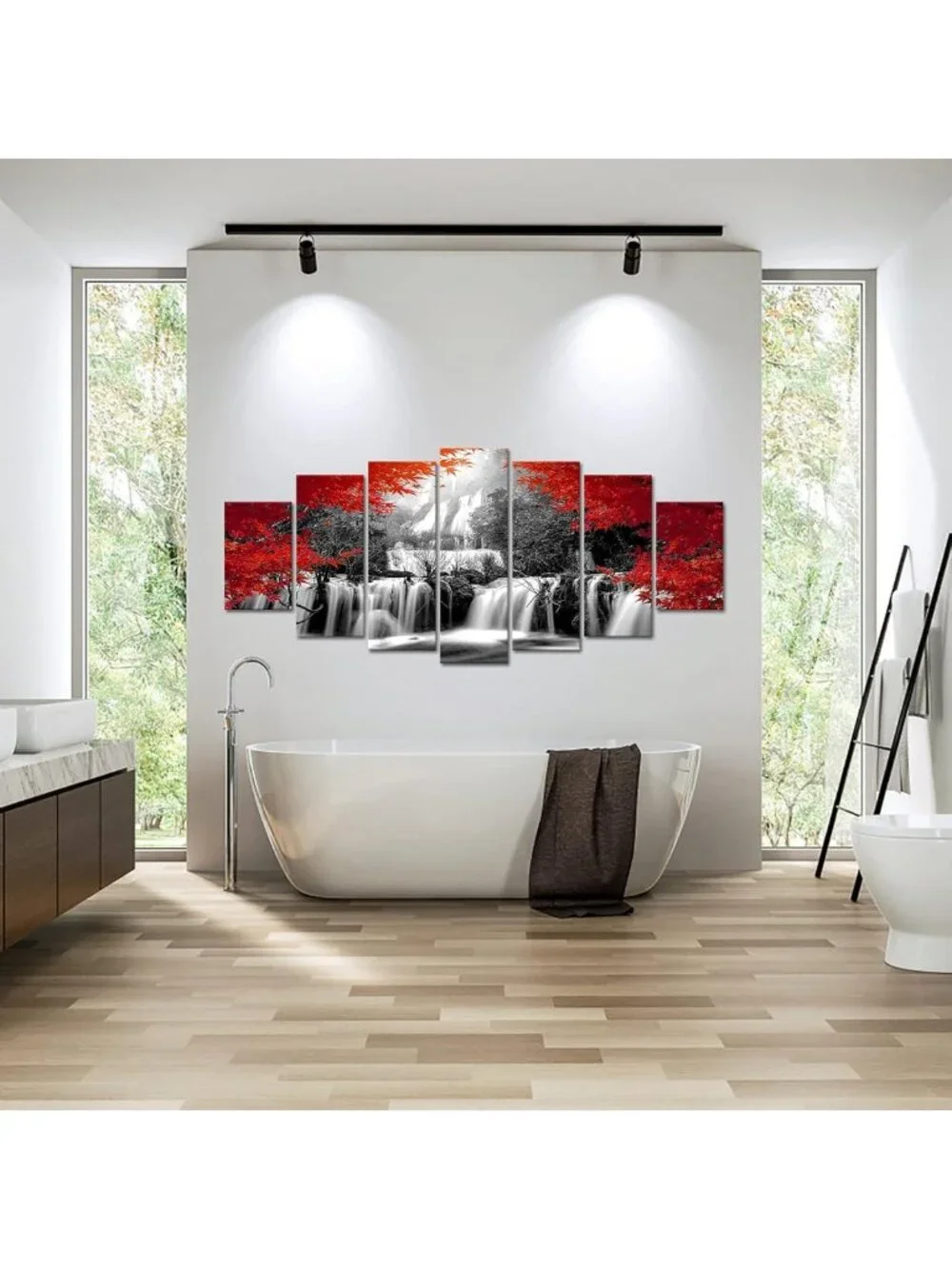 XLarge 7-Piece Black & Red Waterfall Canvas Wall Art for Modern Home Decor 70x32